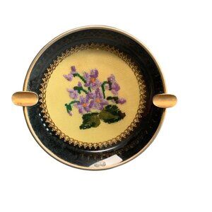 Vintage Floral Needlepoint Dish - 5 Inches Retro Decor Handcrafted